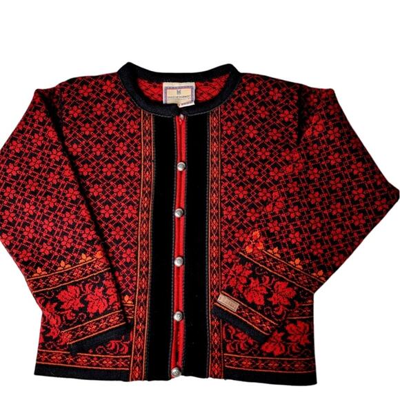 Vintage Dale of Norway Wool Cardigan Sweater SM Red Black Nordic Knit Heirloom - Picture 1 of 7